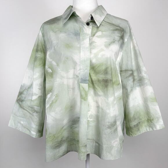 Ganni Tie Dye Cotton Poplin Quarter Button Shirt in Green Watercolor EU 44 US XL - Picture 2 of 10